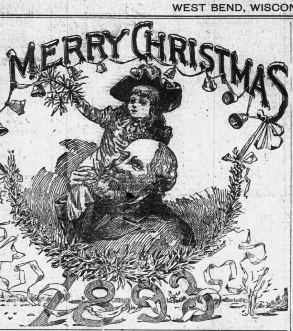 Historic Christmas newspaper clipping of the West Bend Democrat of Tiny Tim and Scrooge