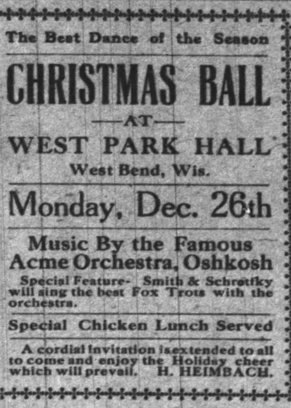 Historic newspaper clipping for a Christmas Ball in West Bend, Wisconsin