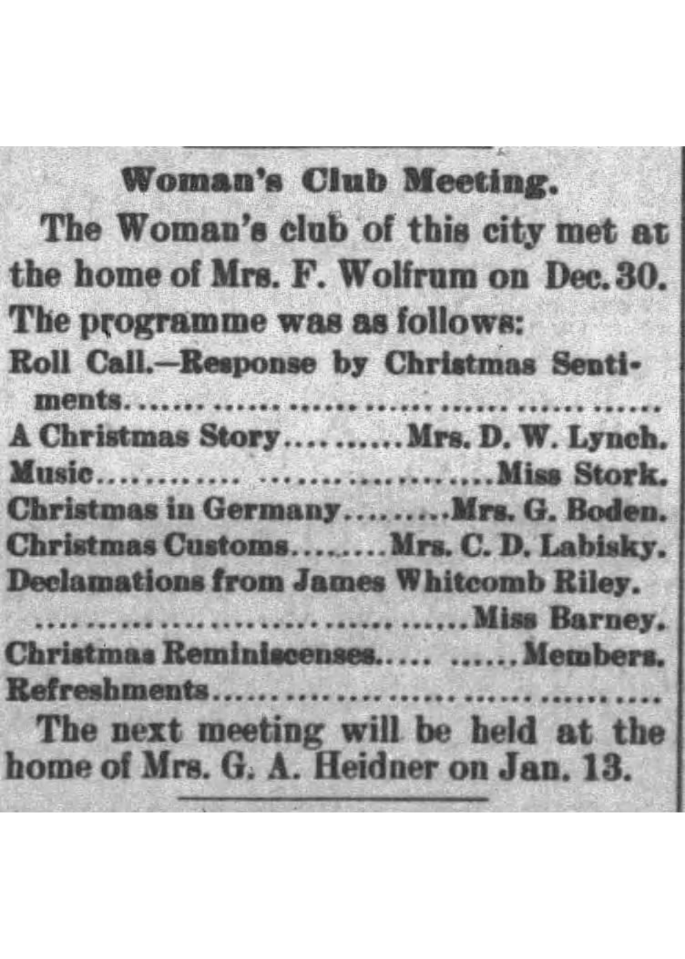 Historic Christmas newspaper clipping from Washington County, Wisconsin