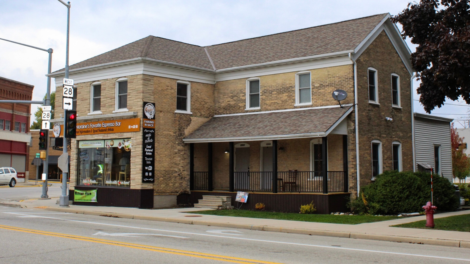 Historic coffee corner building in Kewaskum, Wisconsin