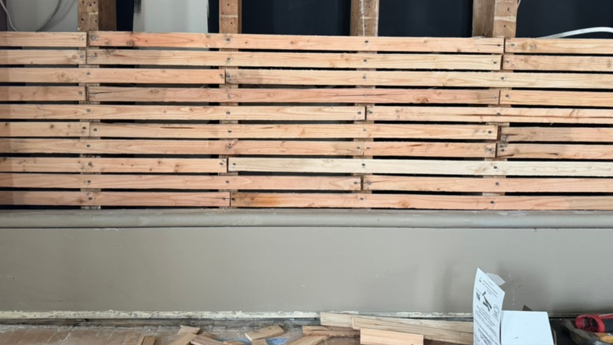 Lath wall inside the 1865 Frisby-Wagner House in West Bend, WI